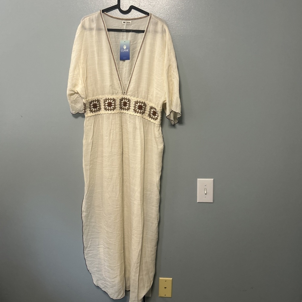Cupshe Beige Sheer Maxi Dress with Crochet Waistband and Side Slits Size Large